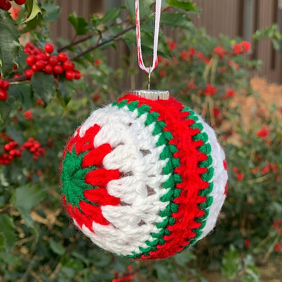 Crocheted Granny Stitch Christmas Ornament with Breast cancer symbol ribbon - Picture 2 of 4